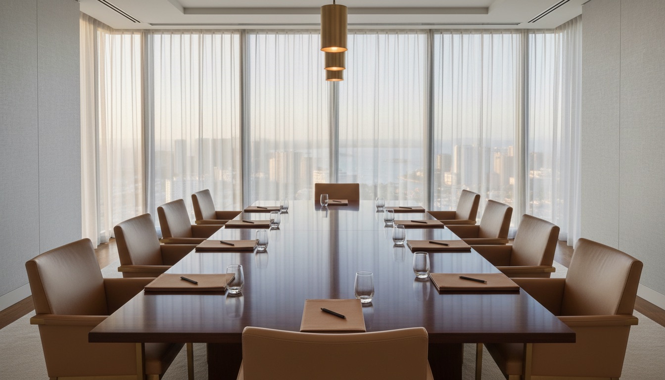 Executive boardroom table set for a meeting, floor-to-ceiling windows over a coastal skyline