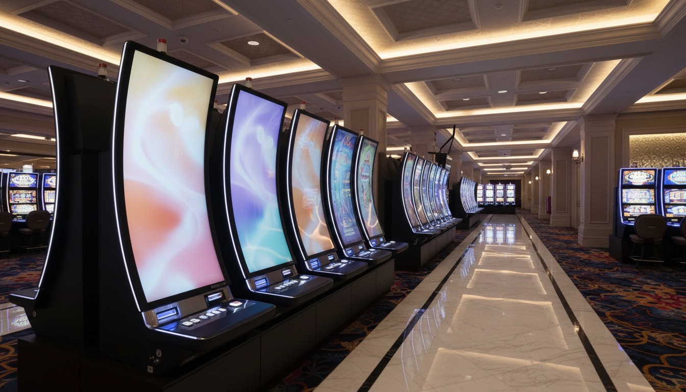 Row of modern slot machines with glowing curved screens along a marble casino aisle