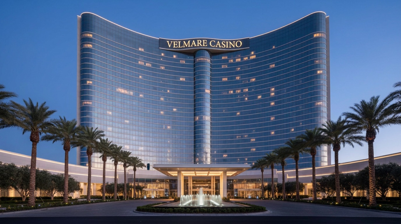 Curved glass resort tower at dusk, a Velmare Casino sign above the illuminated entrance